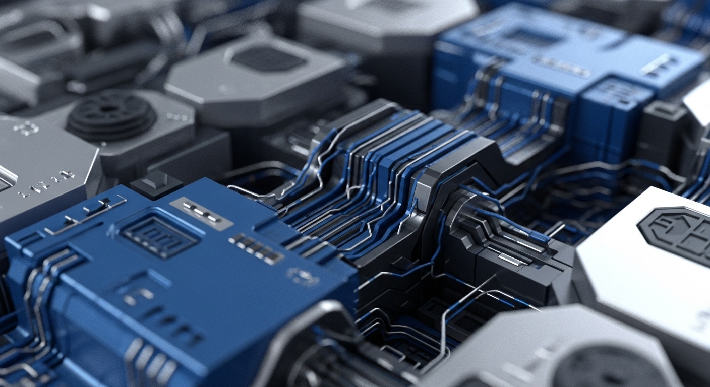 Intricate metallic silver and blue modules form a complex blockchain architecture, interconnected by numerous thin conduits. This DLT infrastructure suggests a node infrastructure facilitating cryptographic hashing and transaction validation. The precise routing of peer-to-peer network connections implies efficient data immutability and robust consensus mechanism operations. These specialized components, potentially ASIC units, are designed for high-throughput smart contract execution within a secure enclave, optimizing scalability solutions for a decentralized network.