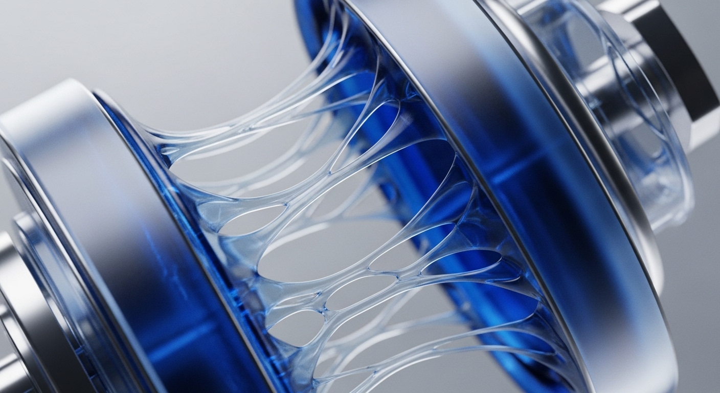 The image displays two polished, cylindrical metallic components, separated by a network of translucent, stretched, web-like filaments. A vibrant blue glow emanates from within the metallic structures, highlighting the intricate connections