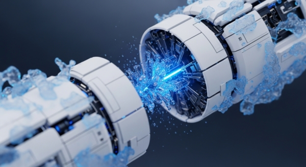 Two white, modular mechanical components, resembling futuristic conduits or engines, are shown in dynamic interaction against a dark blue background. The central interface between them emits a vibrant blue energy beam, surrounded by a crystalline, splashing blue liquid. This visual metaphor illustrates a robust cross-chain communication mechanism, where atomic swaps or token bridging facilitates seamless asset transfer. The intricate internal structures visible within the components suggest complex smart contract interoperability and distributed ledger technology DLT synchronization, with the energetic liquid representing the rapid, secure flow of DeFi liquidity across disparate blockchain networks.