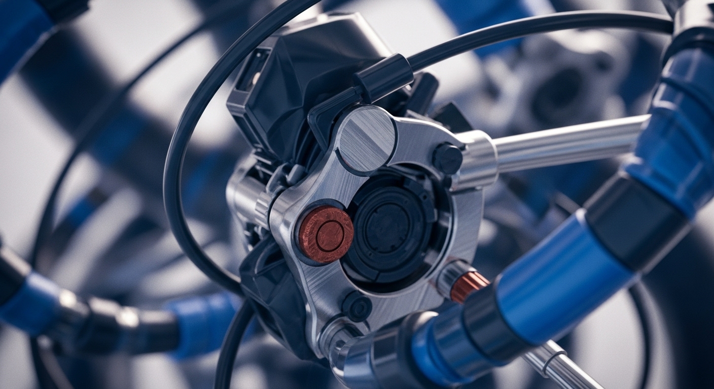 A detailed close-up showcases a complex mechanical assembly, centered around a brushed metallic component with visible bolts and a distinct reddish-orange circular element. Blue tubing and black cables are intricately connected, extending from and around the central mechanism, against a blurred background of similar industrial components