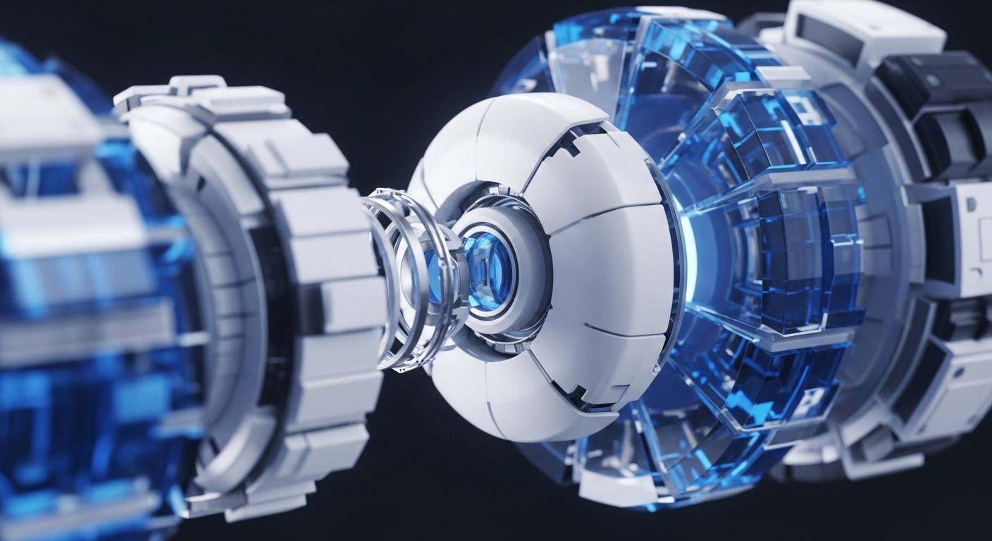 The image showcases a futuristic, abstract machine composed of interconnected white and grey segments, accented by striking blue glowing transparent components. A central spherical module with an intense blue light forms the focal point, suggesting a powerful energy or data transfer system