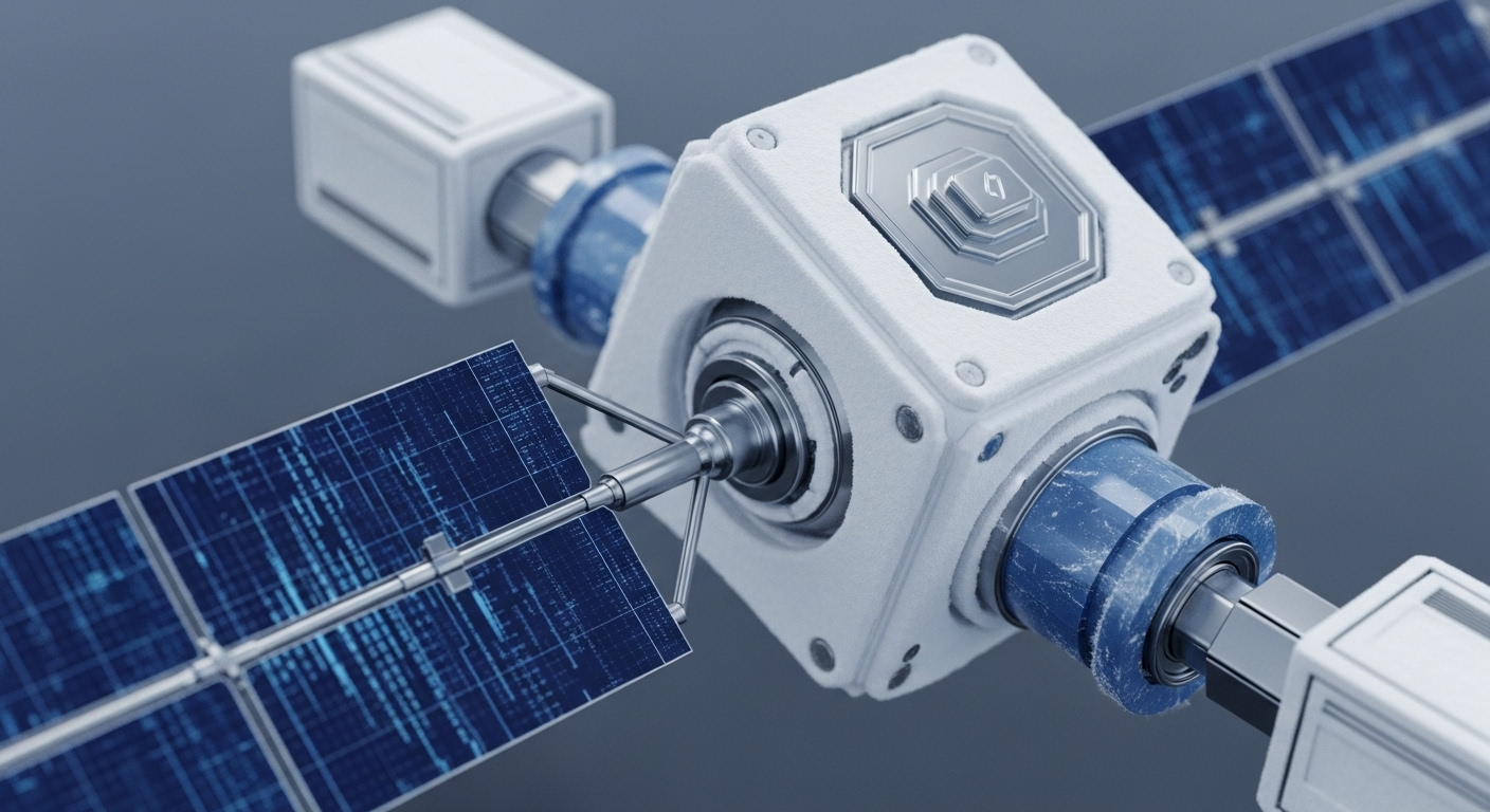 The image displays a close-up of a complex, white and blue technological module with prominent solar panels. The central cubic unit is connected to various extensions, highlighting its intricate design and function