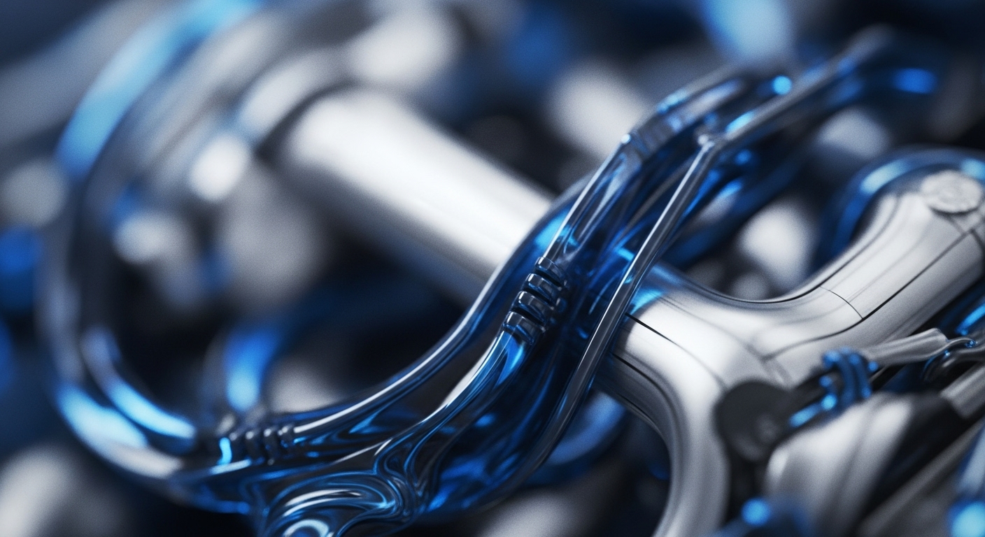 Intricate, polished silver-grey metallic structures are tightly interwoven with luminous, translucent blue elements, creating a dynamic and complex visual composition. The shallow depth of field highlights the central interplay of these contrasting materials, suggesting a high-tech, interconnected system