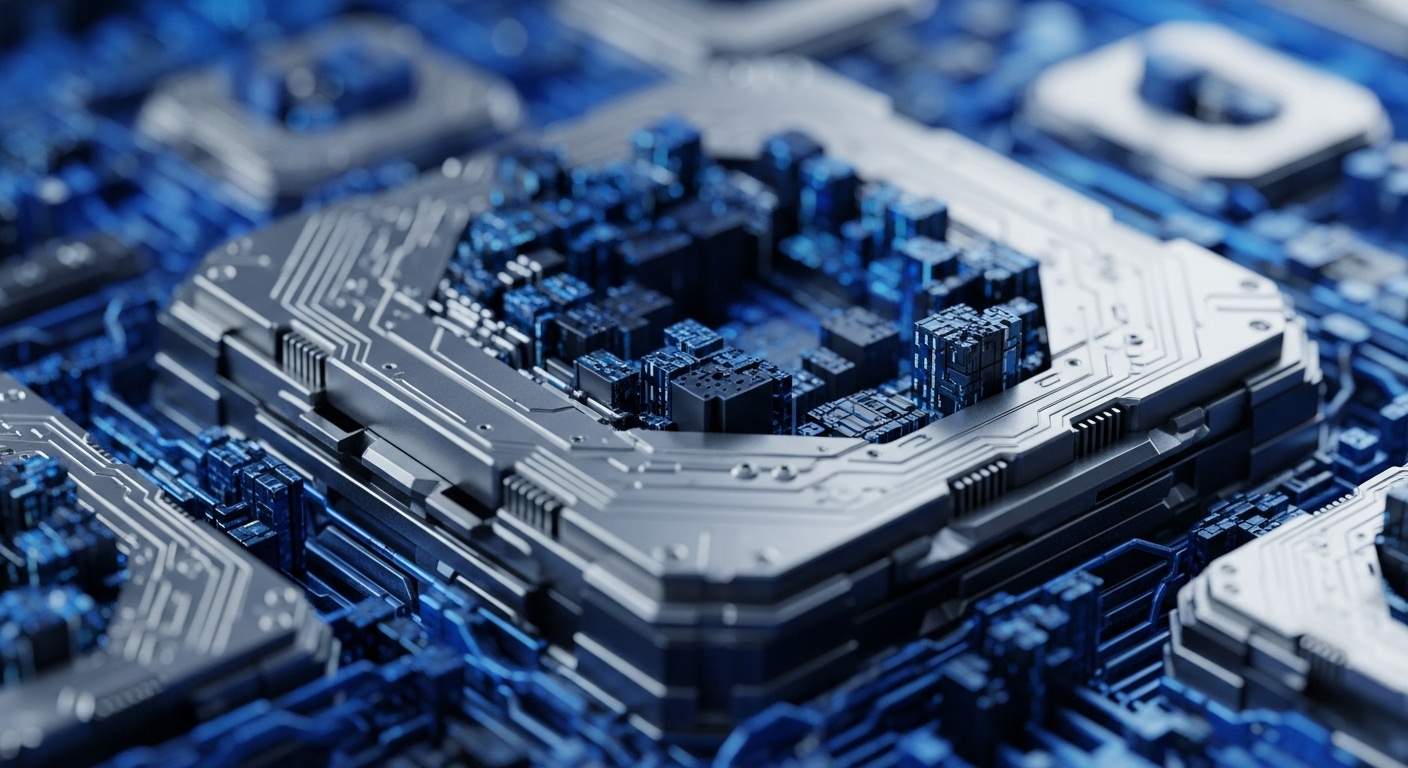 The image displays a detailed, close-up perspective of a complex electronic circuit board, featuring a prominent central processor unit. Its metallic silver surface is intricately designed with numerous pathways and components, highlighted by glowing blue elements within its core and surrounding infrastructure