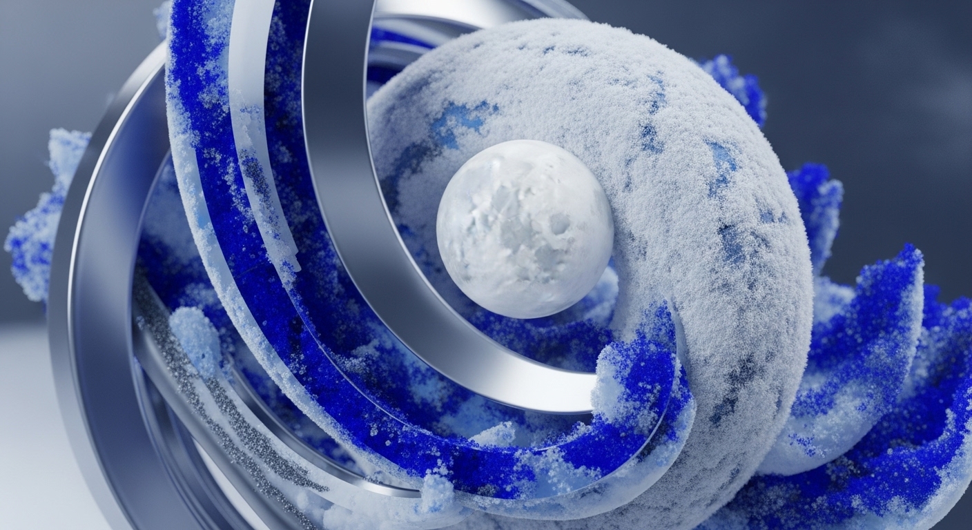 Intricate metallic rings are intertwined with vibrant blue, granular structures, partially covered in a frosty white texture, with a central, textured white orb suspended within. The composition evokes a sense of complex, interconnected systems and advanced technological processes