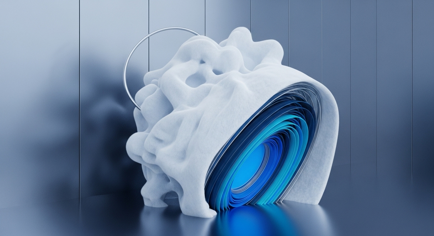 A white, textured, abstract form, resembling a soft, undulating mass, partially peels back to expose a vibrant core of concentric blue layers. A sleek metallic ring floats above the structure, which is set against a reflective, cool-toned backdrop