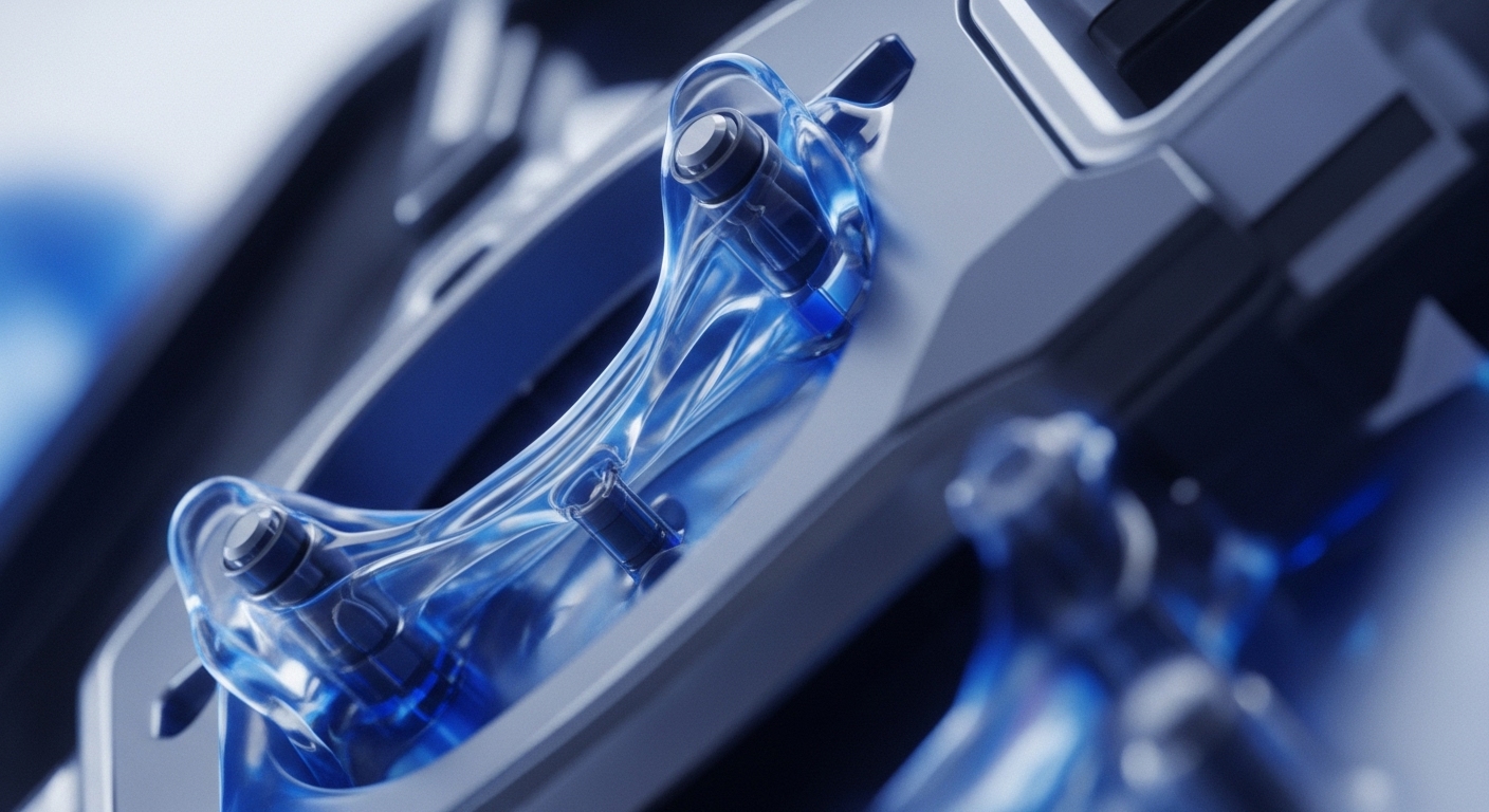 The image displays a detailed, close-up view of advanced technological hardware, featuring translucent blue, fluid-like structures encasing dark, cylindrical components. These elements are integrated into a sleek, metallic grey and black chassis, highlighting a sophisticated internal mechanism