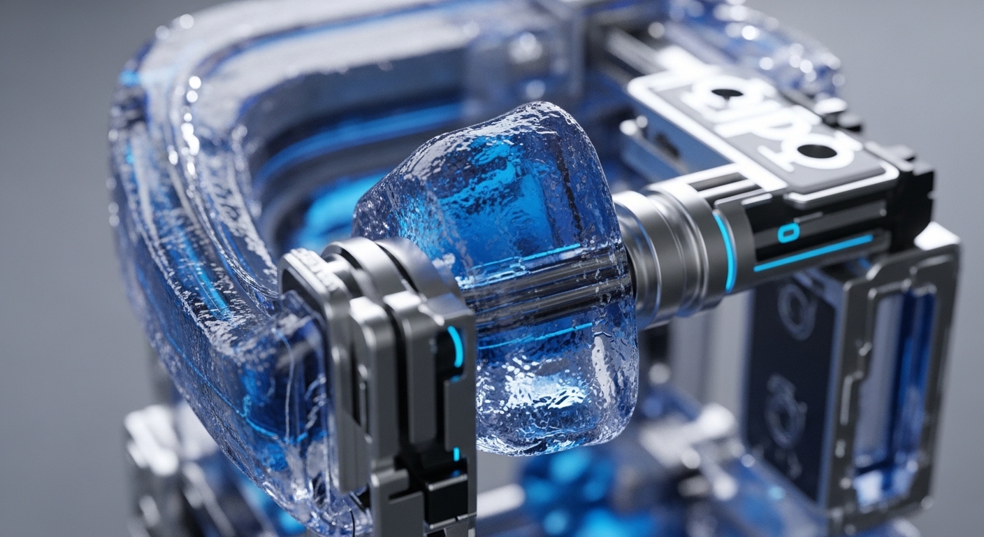 A detailed perspective showcases a futuristic technological apparatus, characterized by its transparent, textured blue components that appear to be either frozen liquid or a specialized cooling medium, intertwined with dark metallic structures. Bright blue light emanates from within and along the metallic edges, highlighting the intricate design and suggesting internal activity