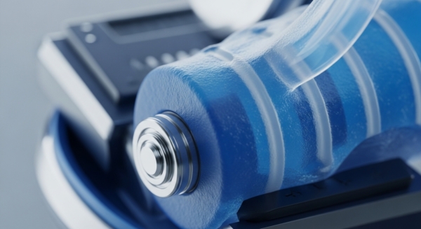 A close-up view reveals a textured, deep blue cylindrical unit, resembling a specialized hardware security module. Its metallic, threaded terminal suggests a robust cryptographic primitive connection point. A translucent conduit emerges, conveying a clear, liquid-like substance, symbolizing liquid staking or transaction throughput within a decentralized finance DeFi protocol. The module's layered structure hints at sharding or modular blockchain architecture, crucial for scalability solutions. This component is integral to digital asset storage and validator node operations, ensuring data integrity across a distributed ledger technology DLT network.