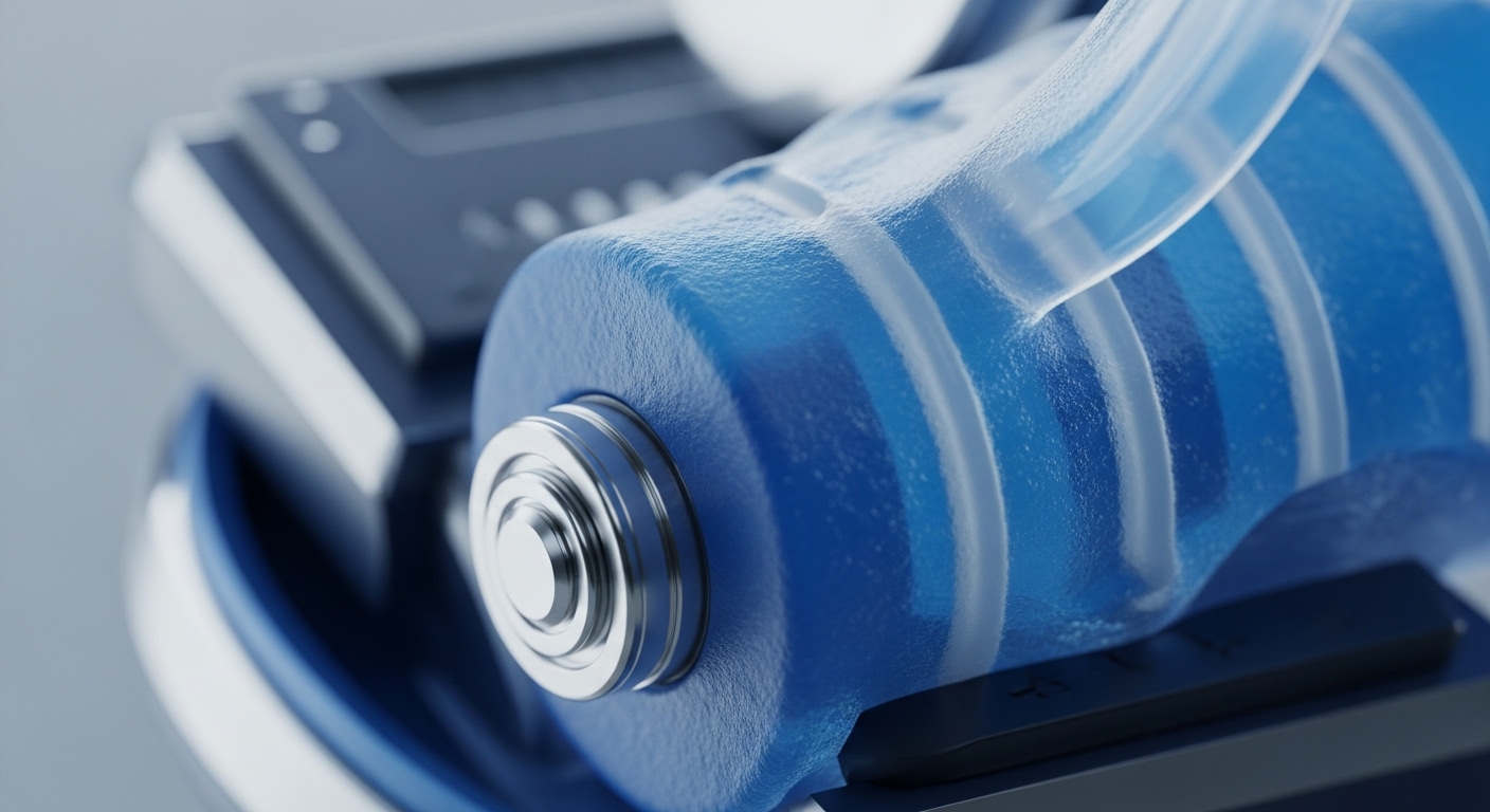 A detailed close-up showcases a textured, deep blue cylindrical component, featuring a prominent metallic, threaded terminal. A transparent, tube-like structure extends from its upper surface, appearing to transport a clear, fluid substance