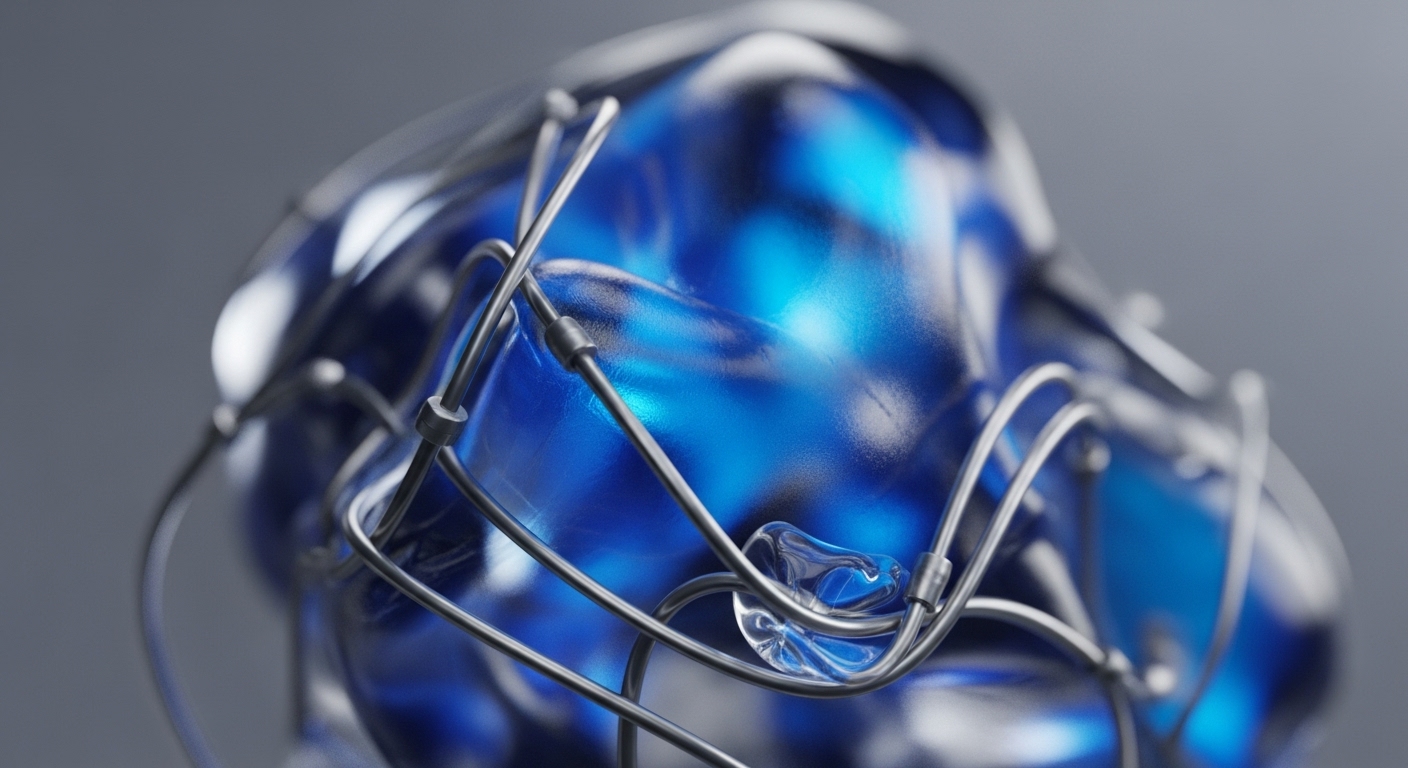 A striking abstract composition features a luminous, translucent blue mass, appearing fluid and organic, intricately contained within a complex web of silver-grey metallic wires. The background is a soft, neutral grey, highlighting the central object's vibrant blue and metallic sheen
