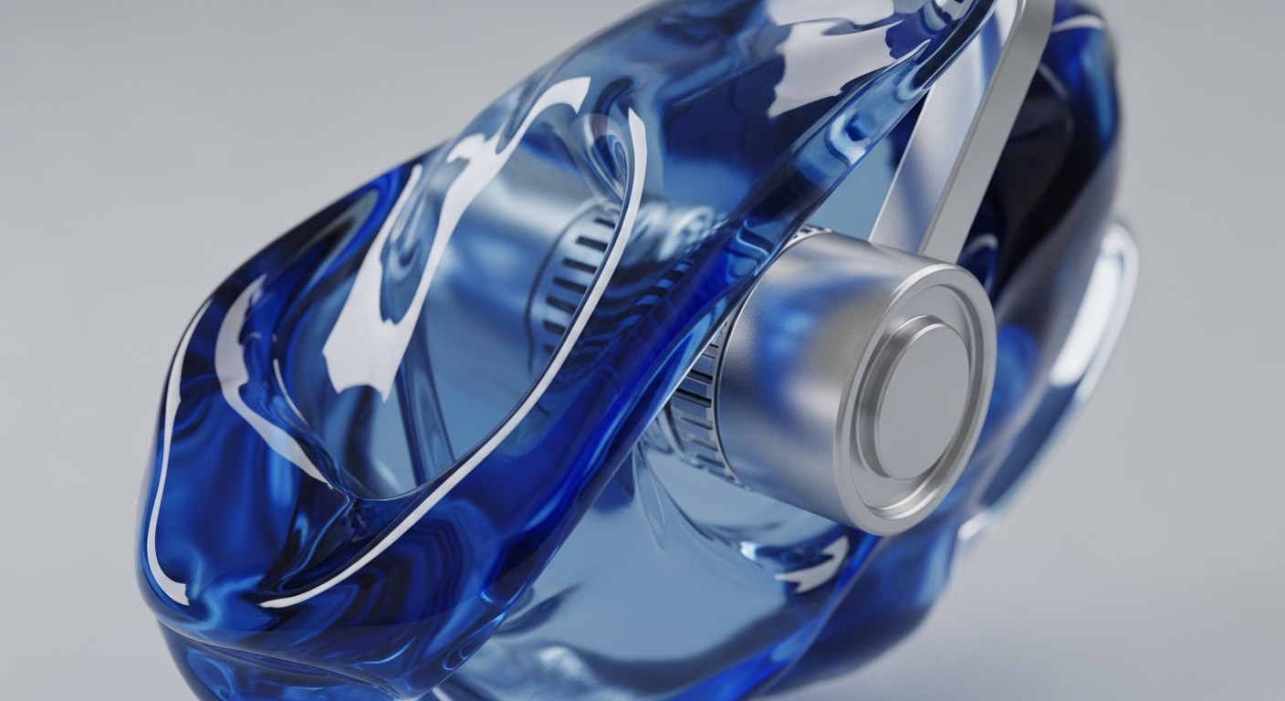 A futuristic, translucent deep blue object with fluid, organic contours encases a prominent metallic cylindrical component. Reflective white highlights accentuate its glossy surface, revealing internal ribbed structures and a brushed silver finish on the core element