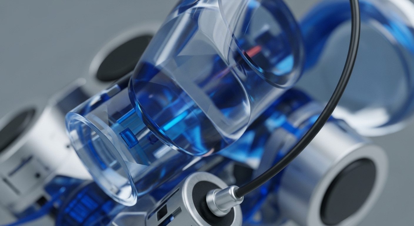The image displays a close-up of advanced technological components, including transparent cylindrical modules filled with a vibrant blue liquid, alongside metallic housings and a black connecting cable. These elements are arranged in an intricate, interconnected system, suggesting a sophisticated piece of machinery or infrastructure