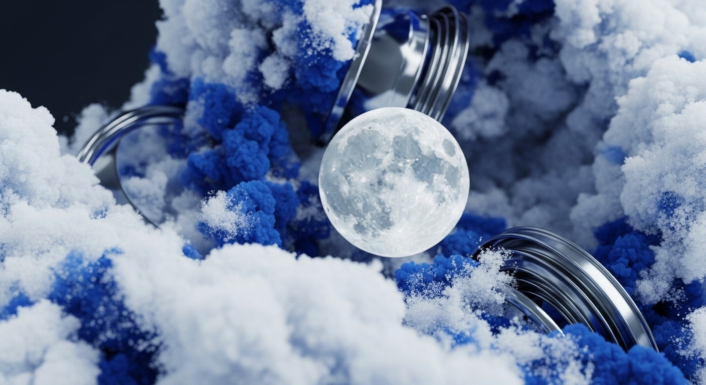A luminous full moon, symbolizing aspirational 'to the moon' market sentiment, floats amidst dynamic white and deep blue cloud-like formations. These represent decentralized cloud infrastructure and data layers within a Web3 ecosystem. Interspersed are sleek, metallic, ring-like structures, embodying robust blockchain protocol layers and secure digital pathways for cross-chain interoperability. This evokes intricate distributed ledger technology, where oracle networks provide vital off-chain data, ensuring smart contract execution and the secure flow of tokenized assets across various liquidity pools, underpinning the digital economy.