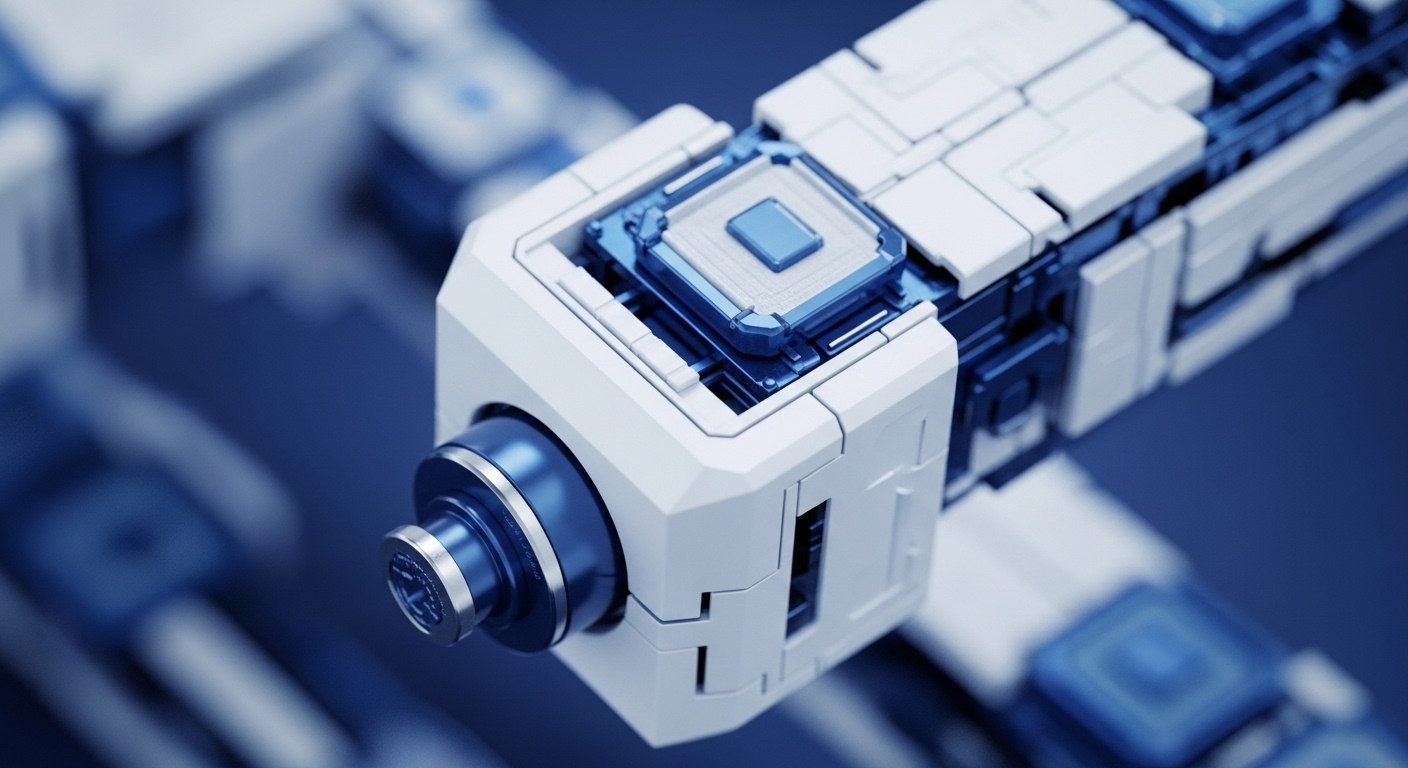 A high-resolution image displays a white and blue modular electronic component, featuring a central processing unit CPU or an Application-Specific Integrated Circuit ASIC embedded within its structure. The component is connected to a larger, blurred system of similar design, emphasizing its role as an integral part of a complex technological setup