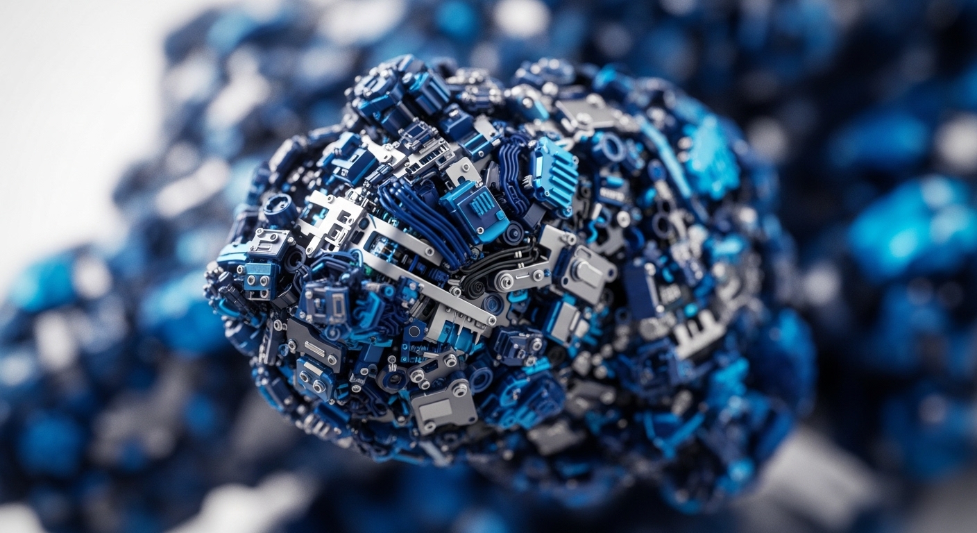 A meticulously detailed, spherical cluster of blue and silver metallic components dominates the foreground, sharply rendered against a blurred background of similar structures. The intricate assembly features various gears, wires, and plates, highlighting a sophisticated mechanical or electronic composition