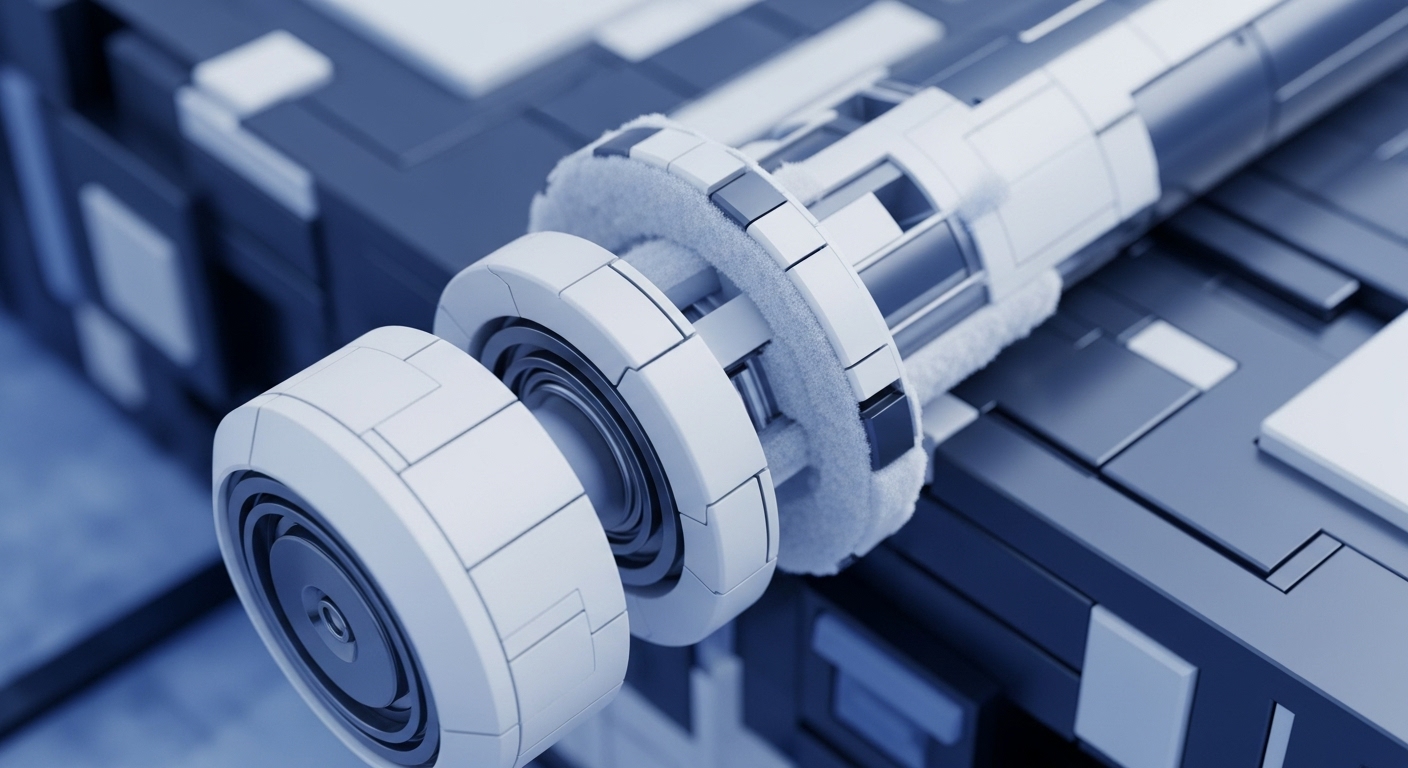 The image showcases a high-fidelity rendering of a futuristic, modular mechanical device composed of interlocking white and grey components, set against a dark blue, geometrically patterned backdrop. The central focus highlights a sophisticated cylindrical assembly, featuring a unique textured element and precise internal gearing