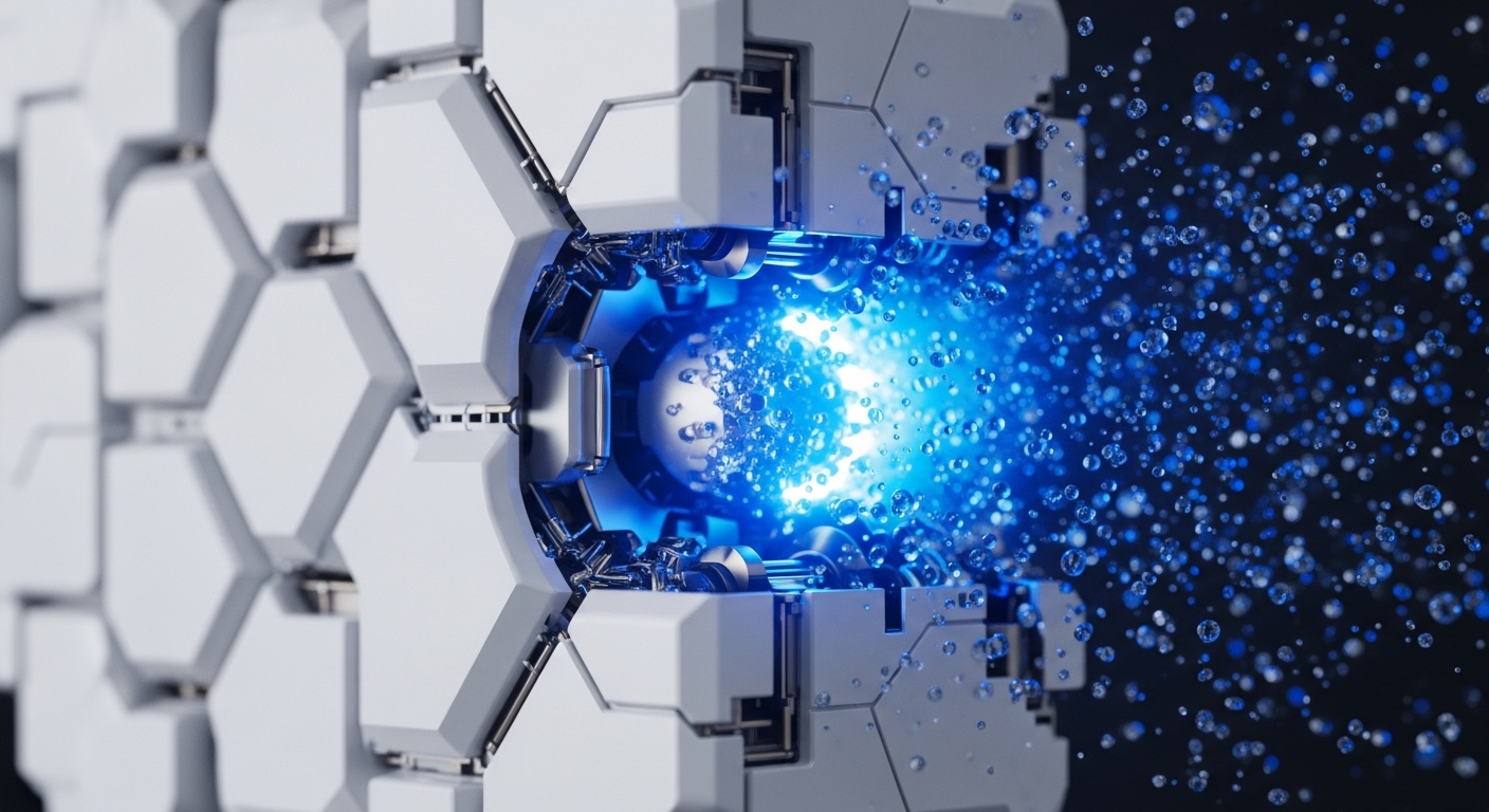 A series of interlinked white hexagonal modules form a structured system, with a central component emitting a powerful blue light and numerous discrete particles. The bright luminescence and ejected elements create a dynamic visual against a dark background