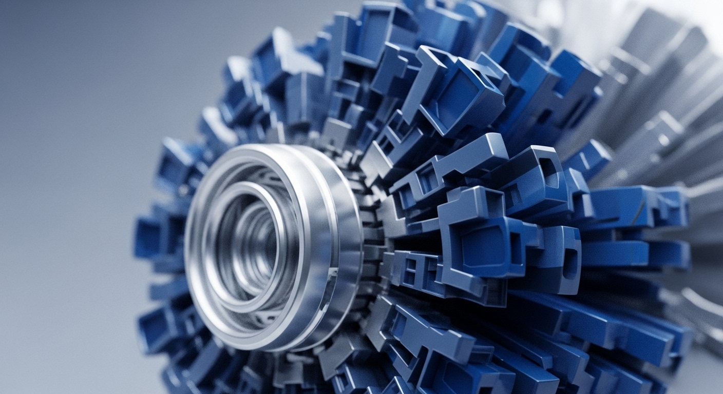 A close-up, abstract composition is dominated by a central silver, concentric ring structure. Surrounding this core are numerous angular, deep blue, interconnected geometric blocks, forming a dense, complex, and modular arrangement