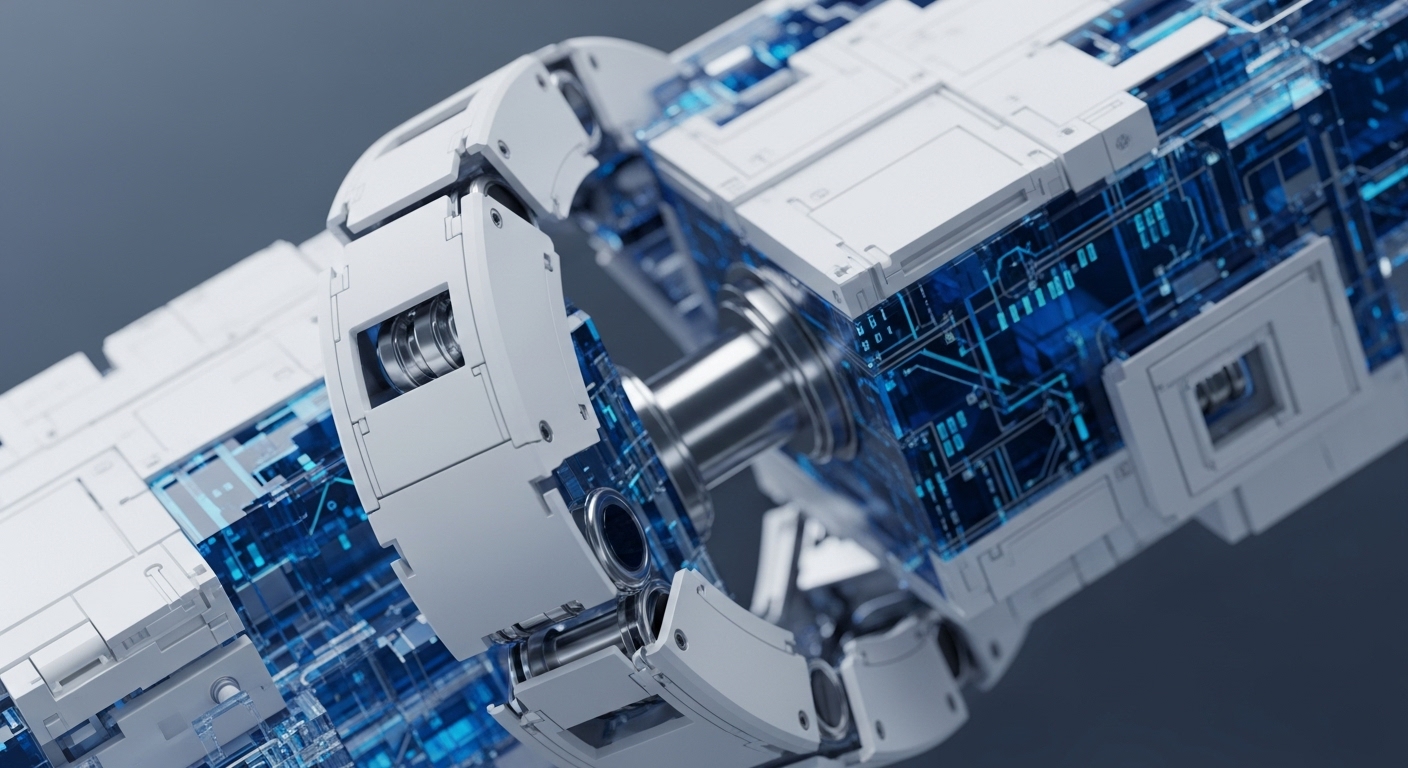 A close-up view presents intricate white modular components seamlessly connected by polished metallic elements. Transparent sections reveal complex, glowing blue circuit patterns, indicating active data processing and communication