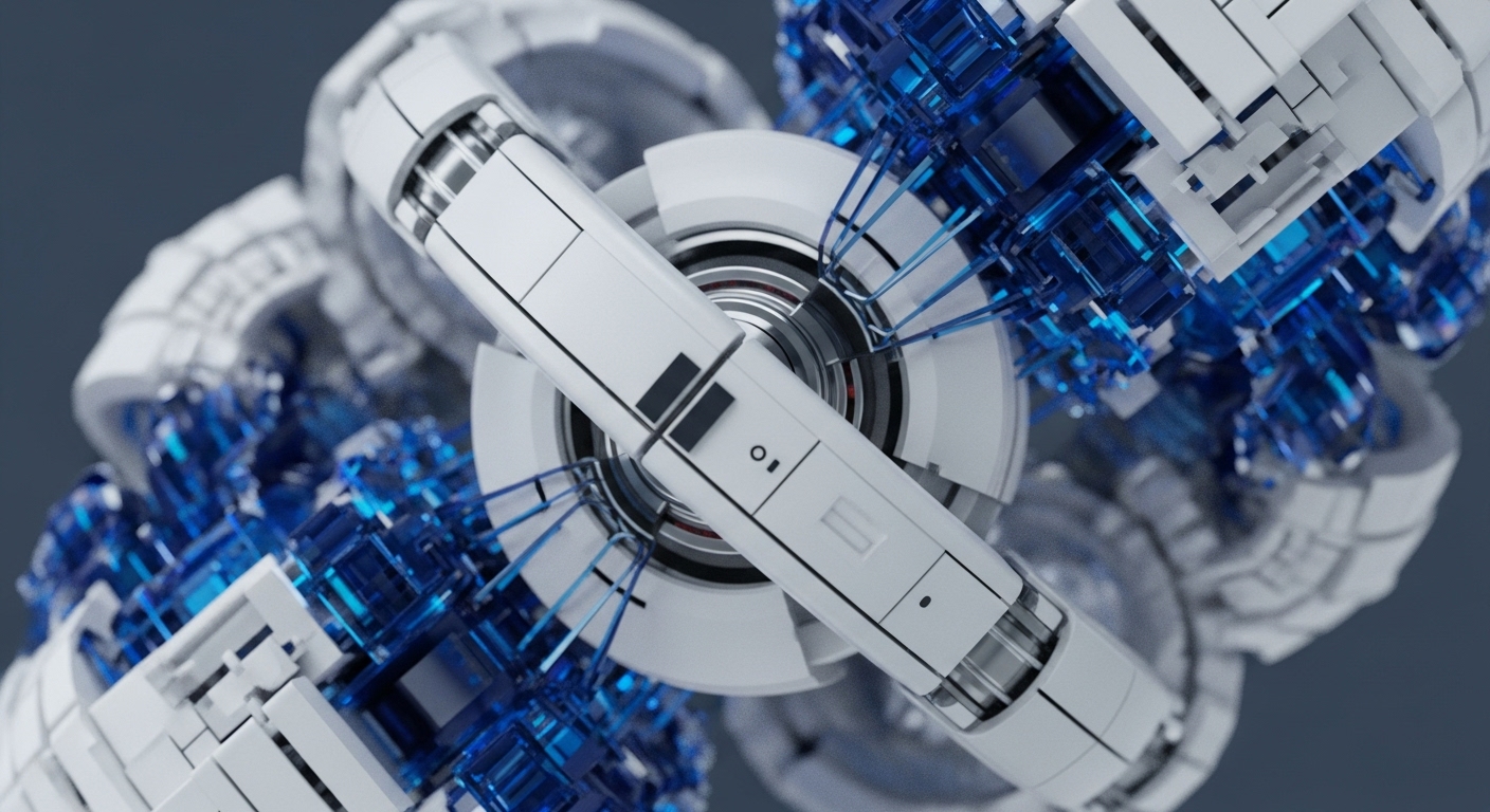 The image displays an abstract, three-dimensional mechanical structure, predominantly white with intricate blue translucent block-like elements embedded throughout. It features a central cylindrical component surrounded by radially arranged segments, all interconnected by white frameworks and blue crystalline structures