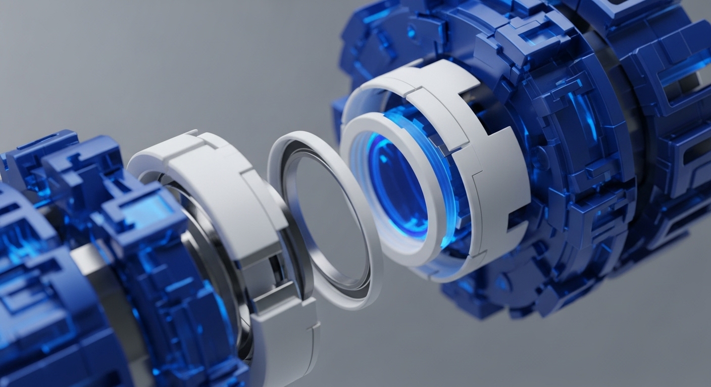 A high-tech, disassembled mechanism showcases intricate internal components, featuring a vibrant blue, glowing core and interlocking structures. Smooth white and silver rings encase geometric blue blocks, creating a visually striking representation of advanced technology