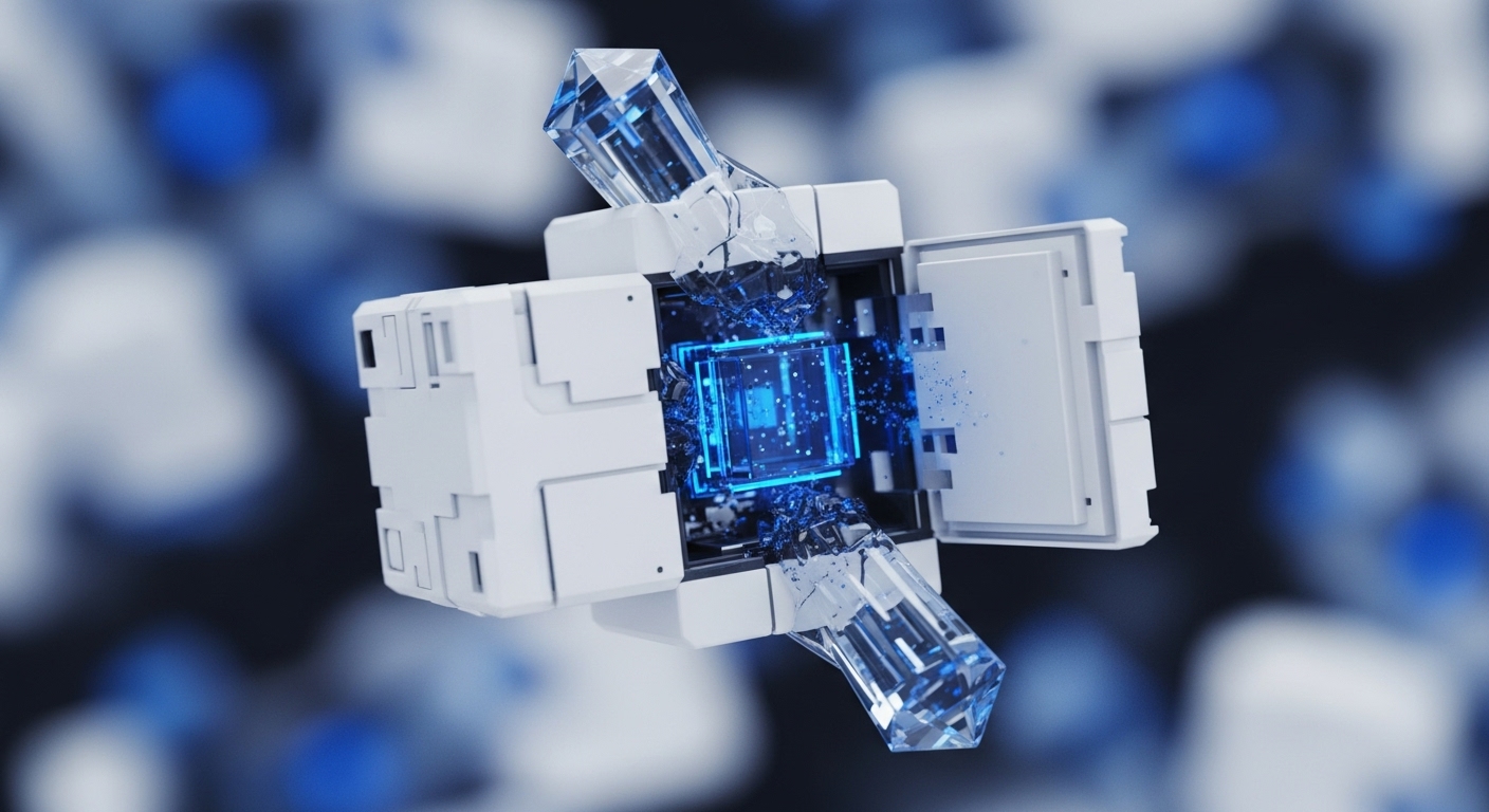 A white, modular computing unit actively processes data within its glowing blue core, revealing intricate internal mechanisms and emanating blue particles. Crystalline structures extend from the core, suggesting dynamic data flow and complex cryptographic primitives