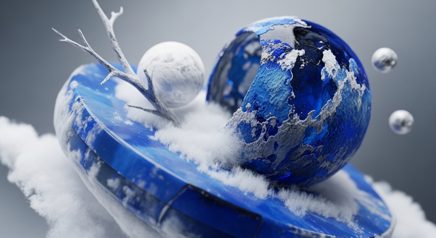 A fragmented blue sphere with icy textures sits on a layered blue platform, surrounded by white clouds and bare branches. In the background, a smaller white sphere and two blurry reflective spheres are visible against a grey backdrop