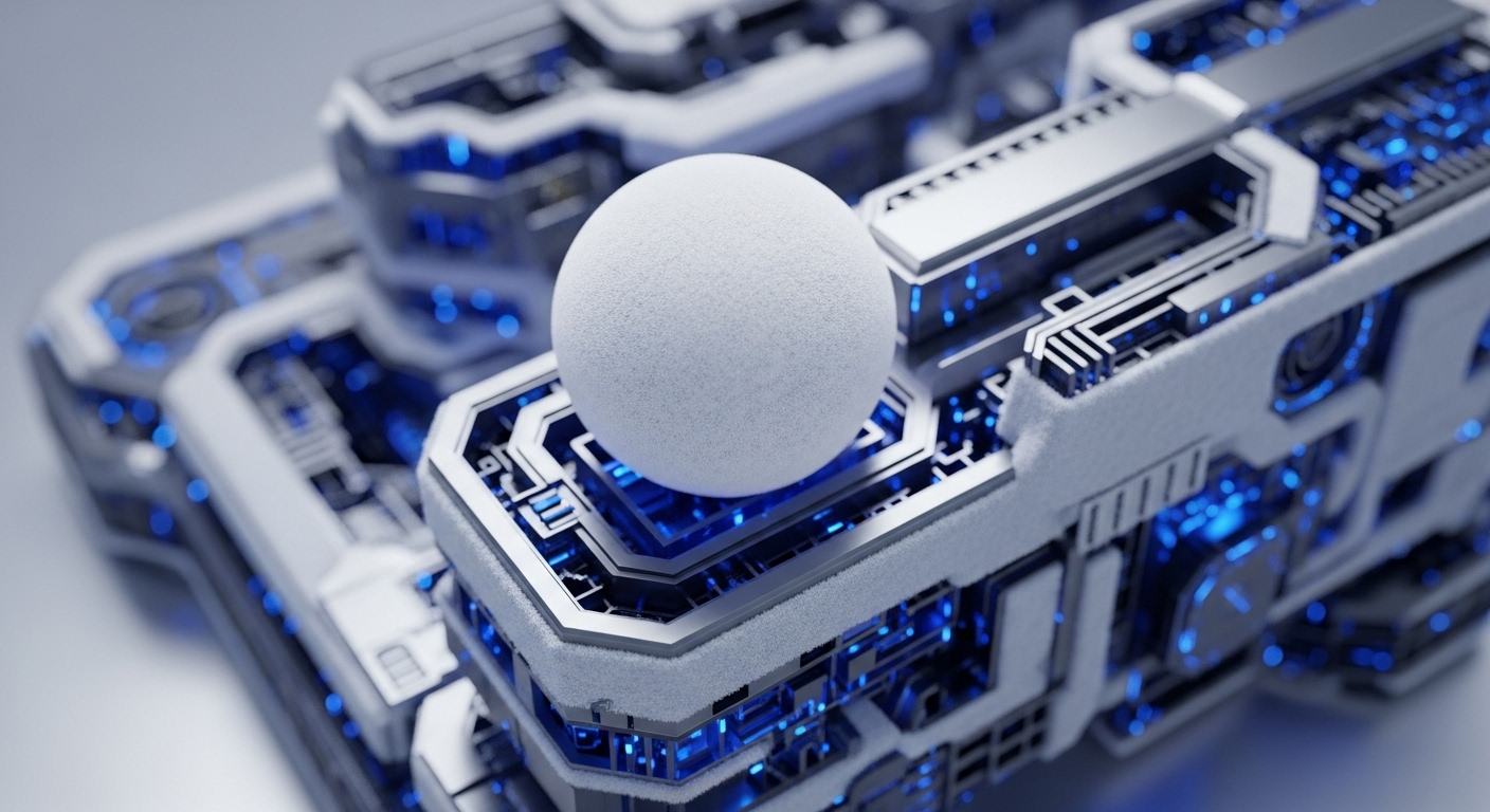 The image presents a highly detailed, futuristic rendering of sophisticated digital infrastructure, featuring white and metallic modular units. Bright blue light emanates from within, indicating active internal processes and data flow