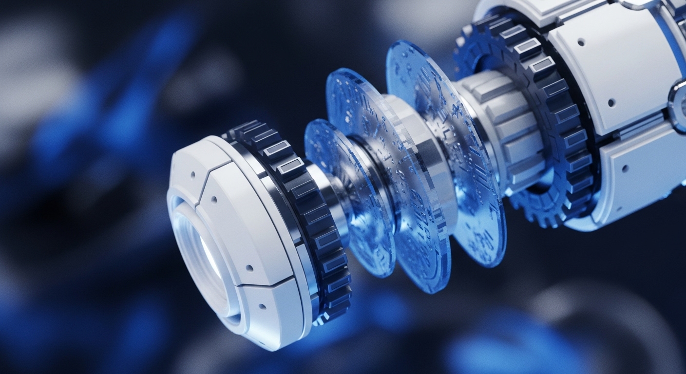 A high-fidelity rendering showcases a disassembled mechanical assembly featuring white, metallic, and translucent blue components against a blurred dark background. The central elements are several glowing blue, disc-shaped layers, intricately patterned and suspended between robust mechanical housings, suggesting an advanced data processing unit
