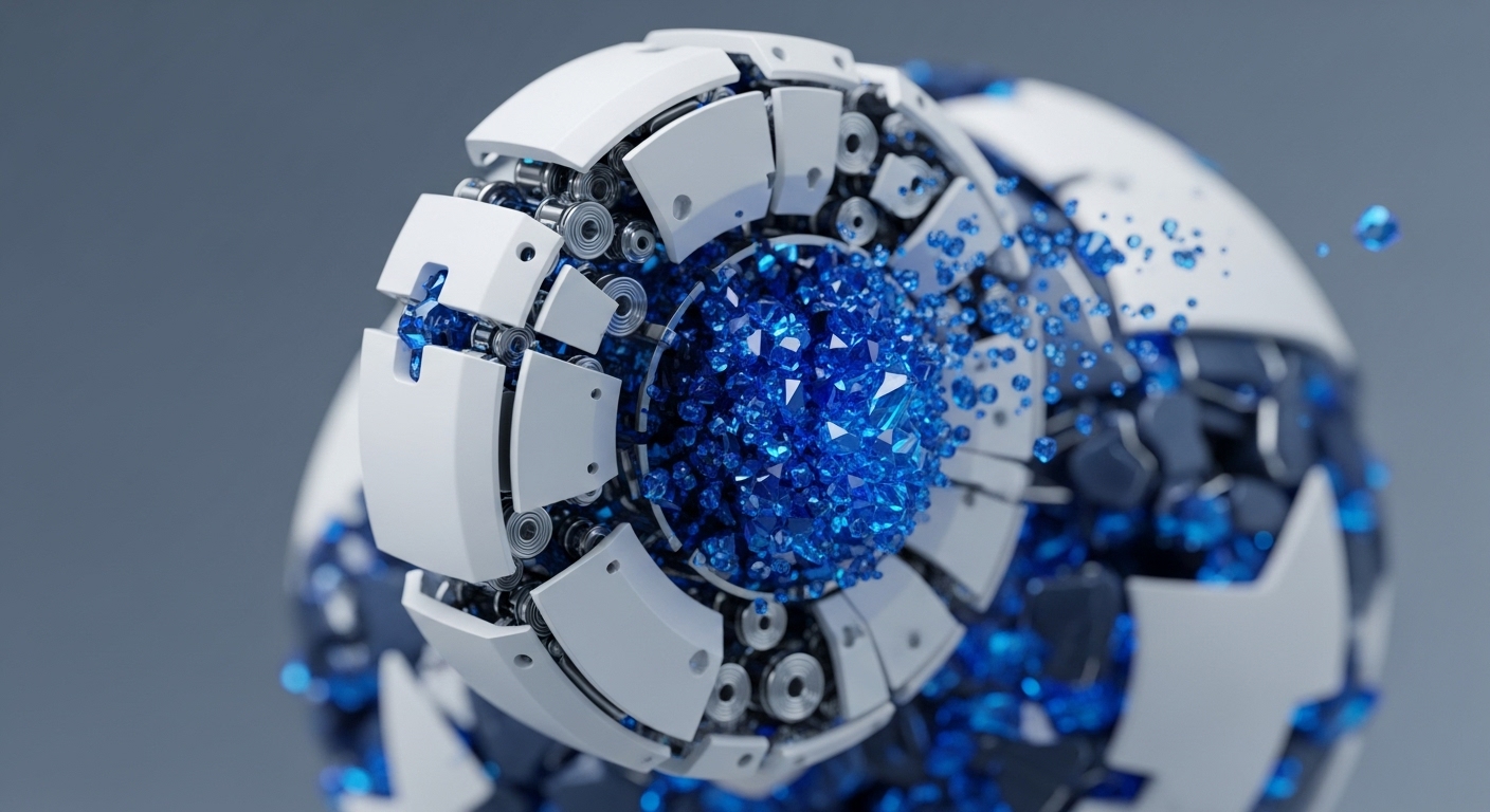 A white, segmented spherical object dynamically opens, revealing a vibrant blue, crystalline core that is bursting outwards. Individual blue crystal fragments scatter from the central mechanism, set against a neutral grey background