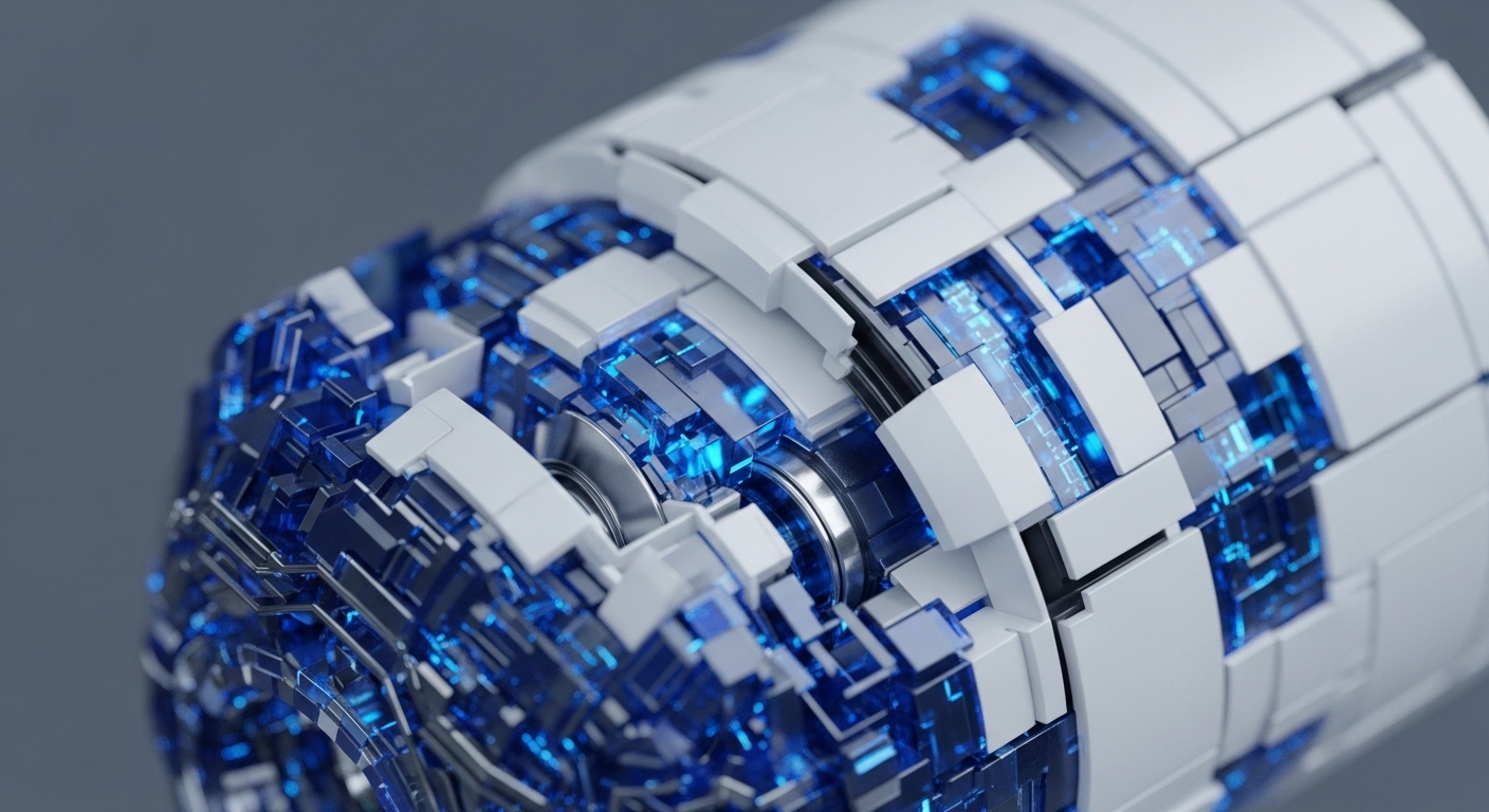 A sophisticated cylindrical mechanism, composed of interlocking white and metallic segments, reveals an intricate core of glowing blue translucent blocks. These illuminated elements represent the dynamic data flow and transaction validation processes within a decentralized network. The modular design suggests blockchain scalability and interoperability, functioning as a high-performance node or virtual machine executing smart contracts. Its complex internal structure visualizes the robust cryptographic hashing and consensus mechanisms underpinning modern digital asset ecosystems.