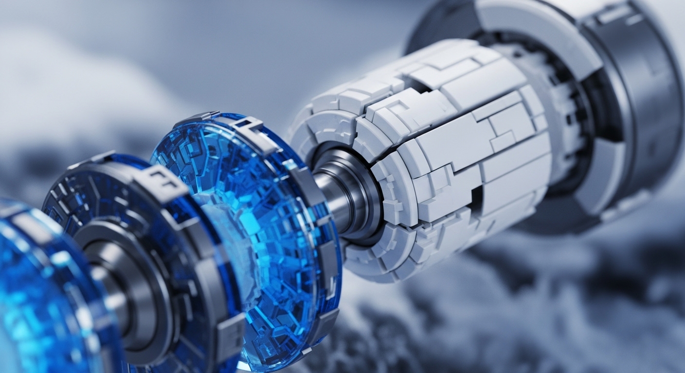 The foreground displays multiple glowing blue, translucent, circular components with intricate internal patterns, connected by a central metallic shaft. These elements transition into a larger, white, opaque cylindrical component with a segmented, block-like exterior in the midground, all set against a soft, blurred grey background