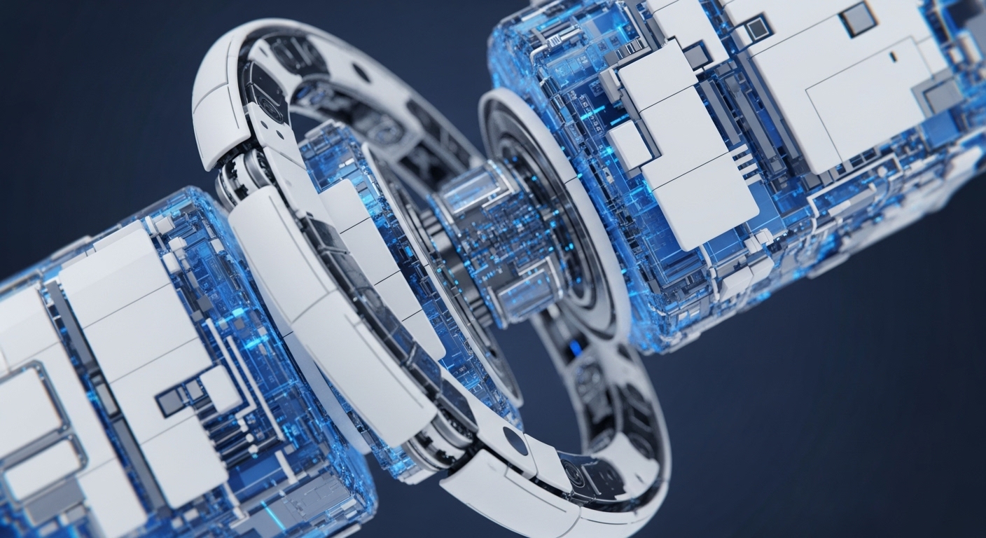 The image presents a sophisticated digital mechanism, featuring white structural elements intertwined with glowing blue transparent components revealing intricate circuitry. This high-tech assembly suggests advanced data processing and interconnected systems, embodying the future of distributed computing