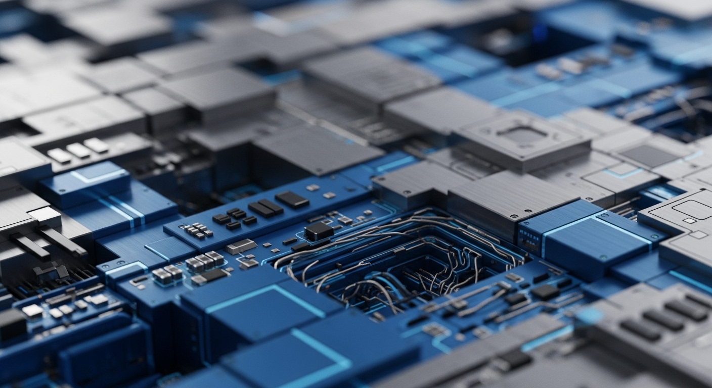 A sophisticated, modular circuit board features metallic gray and vibrant blue components, integrated wiring, and glowing light pathways. This intricate hardware represents the foundational elements of a blockchain network, illustrating the complex interplay of computational integrity and decentralized processing