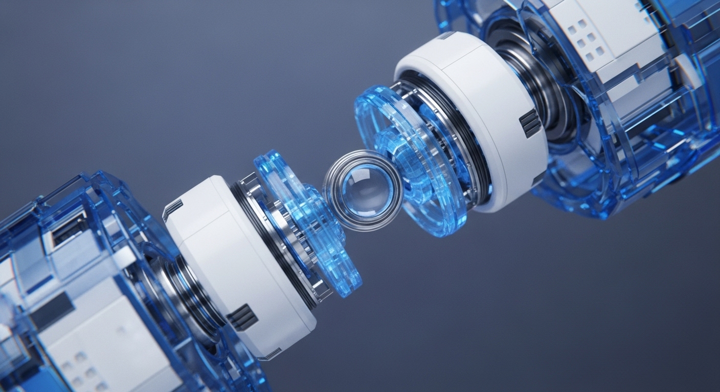 The image displays a futuristic, abstract mechanical assembly, characterized by translucent blue and opaque white components with metallic accents, set against a smooth gray background. Two primary structural elements, angled dynamically, appear to connect or disconnect around a central, glowing spherical component
