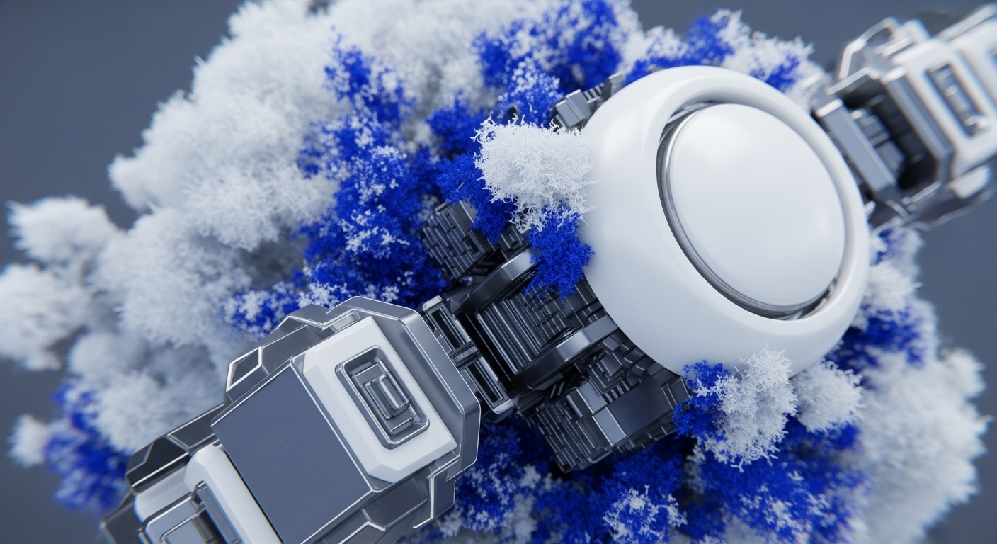 A detailed close-up shows polished metallic and white modular structures, appearing as advanced mechanical components. These structures are intricately intertwined with textured, moss-like organic material in vibrant blue and soft white