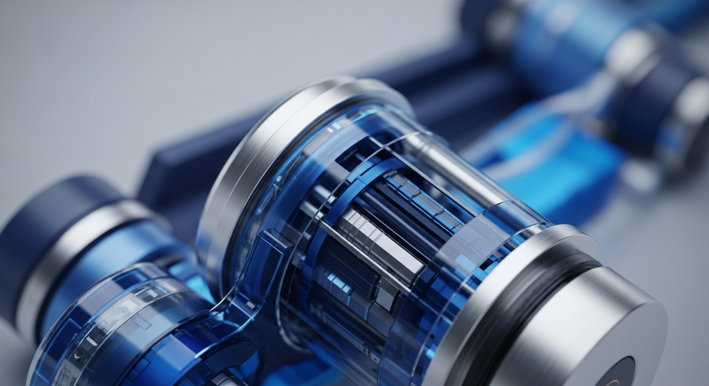 Several high-tech cylindrical components, featuring brushed metallic exteriors and translucent blue sections, are arranged on a light grey surface. The transparent parts reveal complex internal structures, including metallic plates and intricate wiring, suggesting advanced engineering