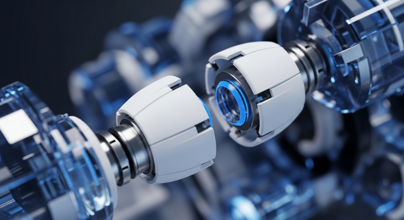 A close-up view presents two sophisticated, white and metallic mechanical connectors, with one end displaying a vibrant blue illuminated core, positioned as if about to interlock. The background features blurred, similarly designed components, suggesting a larger, interconnected system