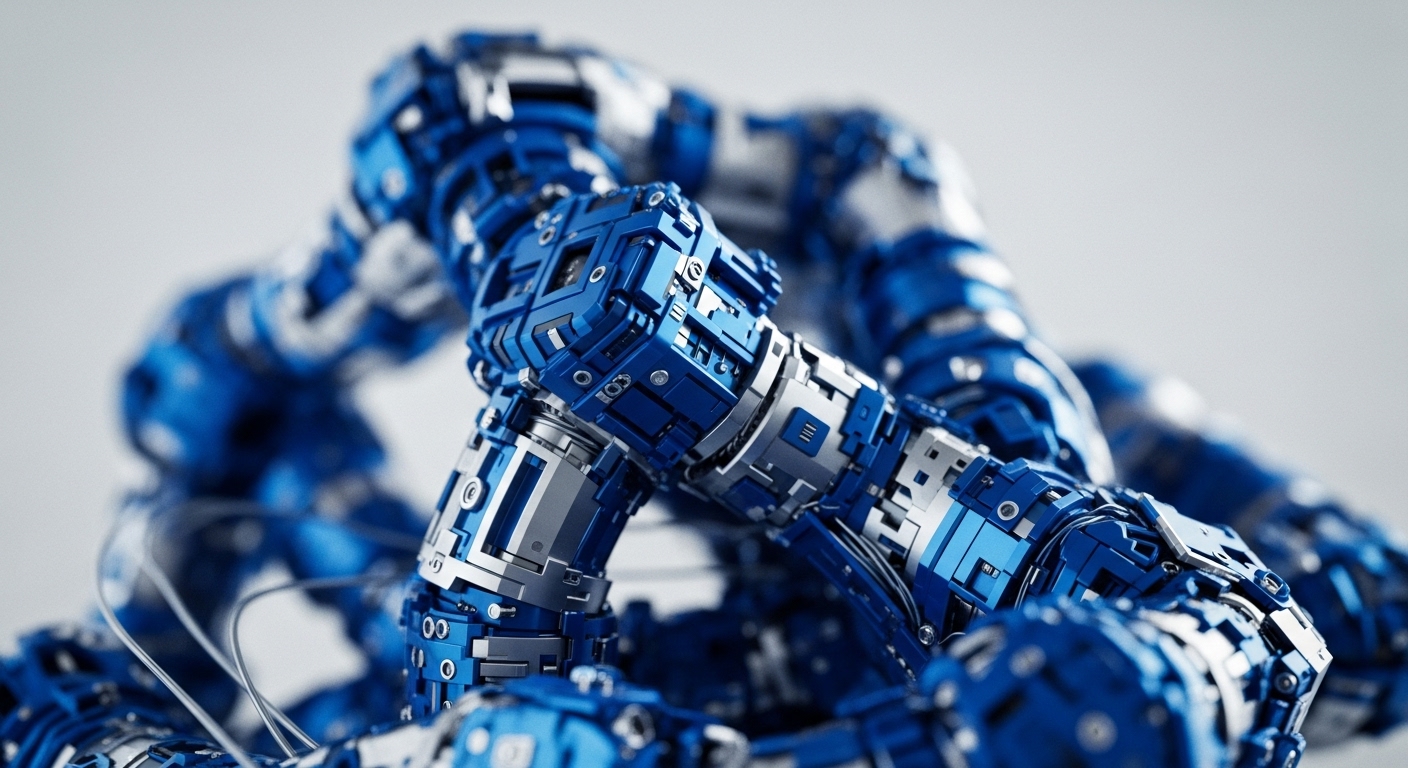 A close-up view reveals complex, intertwined metallic structures, predominantly in vibrant blue and silver tones. These highly detailed components feature intricate panels, visible bolts, and subtle wiring, creating a sense of advanced engineering and precision