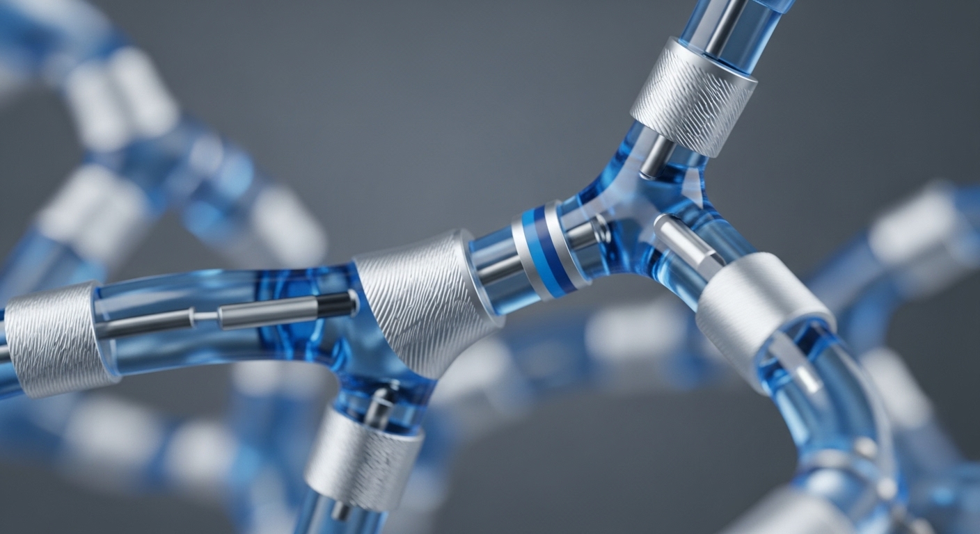 A close-up reveals a complex network of translucent blue tubes interconnected by silver-textured and smooth joints, with metallic rod-like structures visible inside some pathways. The visual composition emphasizes precision engineering and modularity within this interconnected system
