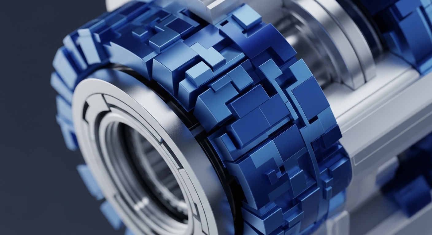The detailed composition showcases a sophisticated assembly of polished silver rings and a prominent band of deep blue, three-dimensional blocks. These geometric elements interlock precisely, creating a dynamic, textured surface that suggests advanced mechanical or digital functionality