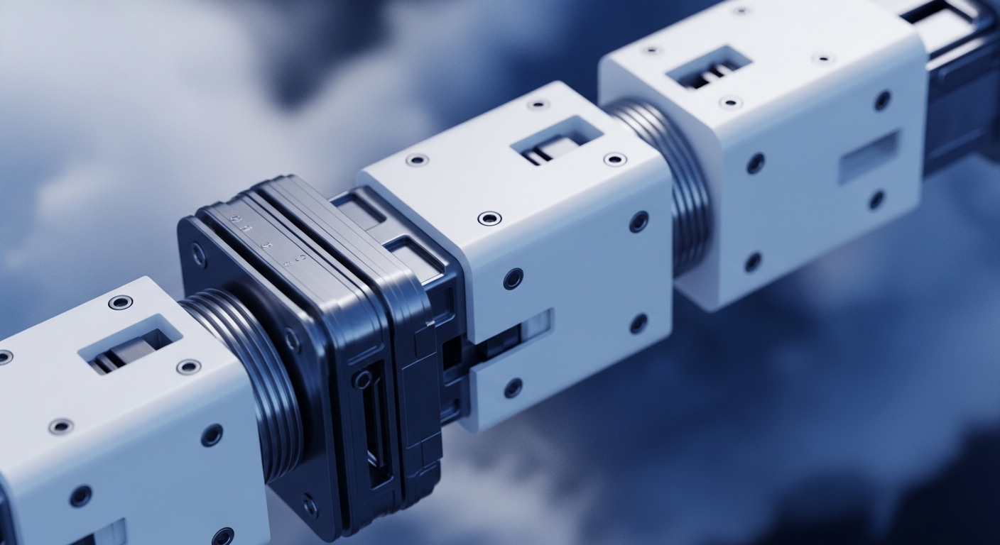 A close-up view reveals a series of precision-engineered modular components, interconnected in a linear array against a soft, blurred blue background. Each white block-like unit features threaded metallic interfaces, suggesting robust, secure data transmission pathways akin to a distributed ledger's immutable record. The central dark metallic module acts as a critical hub, facilitating cross-chain communication and smart contract execution between network nodes. This intricate assembly symbolizes the foundational elements of a scalable blockchain infrastructure, emphasizing interoperability and cryptographic security within a decentralized network.