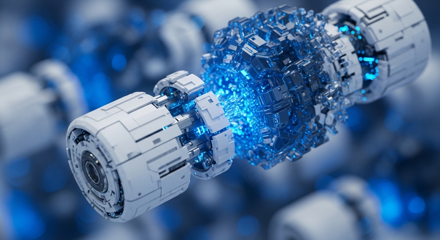 The image features several futuristic, interconnected white and metallic cylindrical modules, with a central element brightly glowing with blue energy and dispersing smaller cubic forms. These detailed mechanical structures suggest a complex, high-tech system operating within a blurred blue background