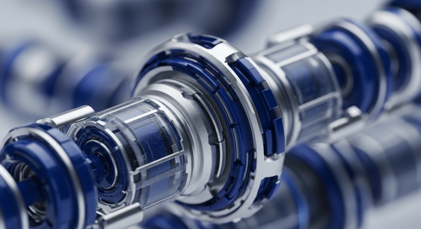 The image displays a series of interconnected, cylindrical mechanical components, rendered in striking deep blue and polished silver. Transparent segments reveal complex internal structures, highlighting the intricate engineering