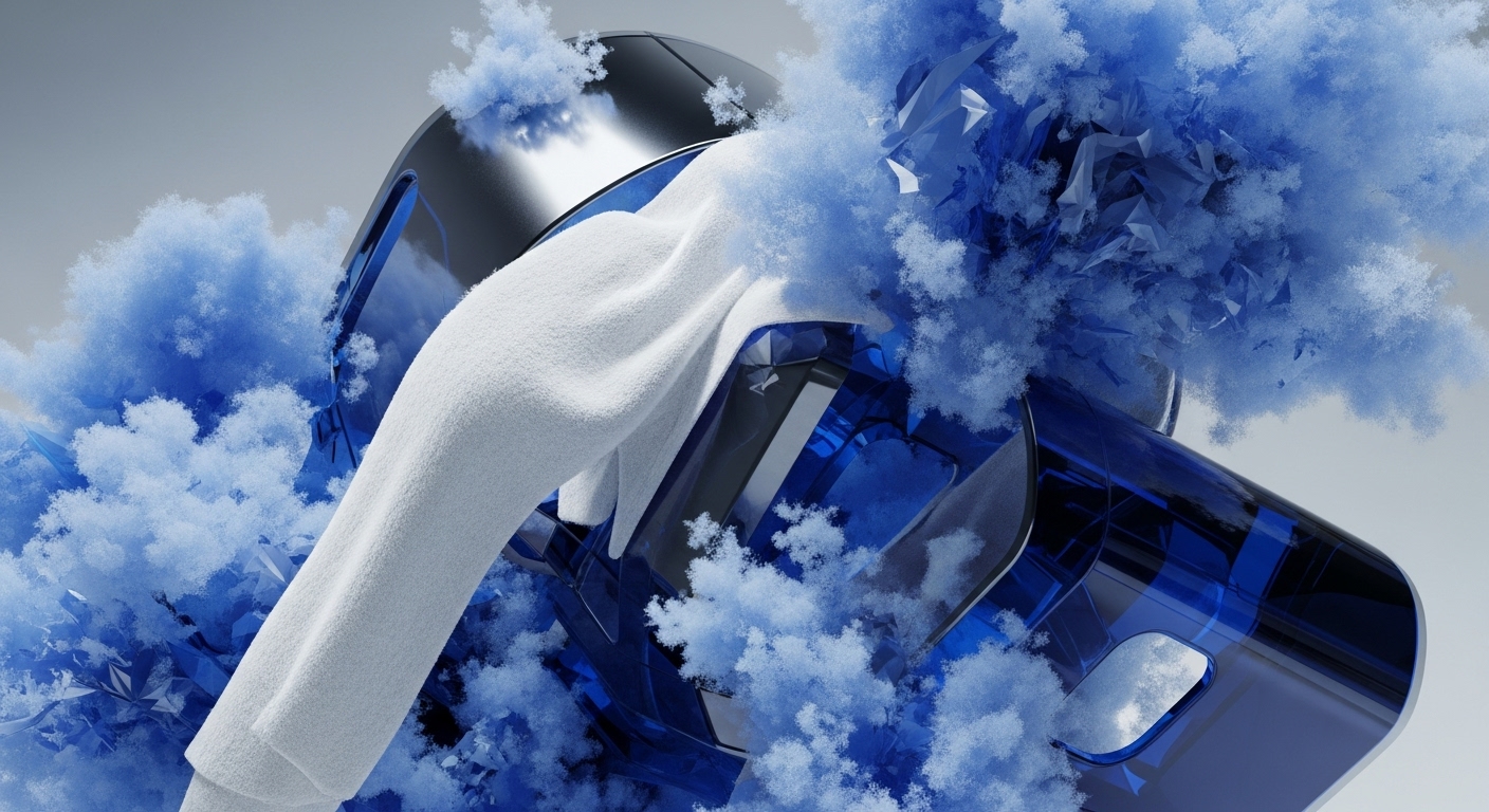 A sleek, transparent blue device, resembling a sophisticated blockchain node or secure enclave, is partially obscured by soft, white, cloud-like formations. Interspersed within these formations are sharp, geometric blue fragments, suggesting dynamic data processing