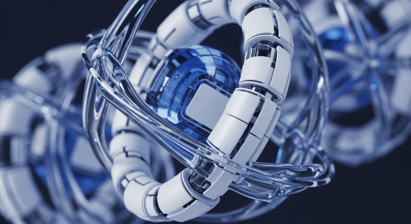 A futuristic digital architecture displays a central blue, faceted core, encircled by white, segmented, modular components forming an intricate, helical structure. Transparent conduits intertwine around these elements, set against a dark, blurred background