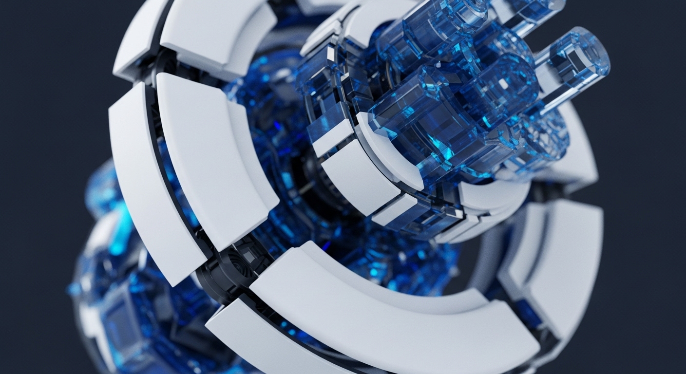 The image displays a futuristic, abstract spherical object, partially obscured, against a dark background. Its exterior features white, segmented, curved panels, while its interior reveals glowing blue, translucent, interconnected crystalline structures