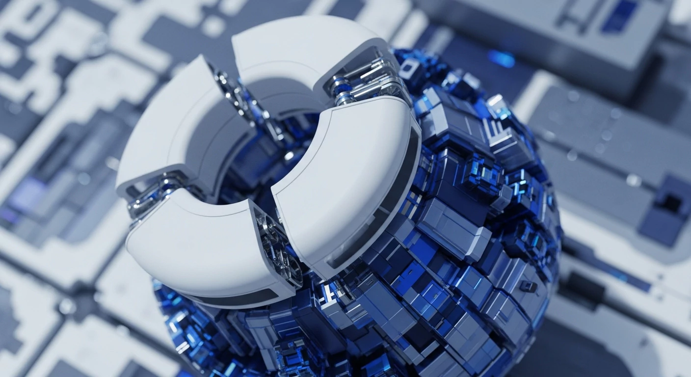 A complex spherical mechanism, partially enclosed by four white, segmented outer components, reveals an intricate internal structure. The core consists of countless metallic blue and silver blocks, forming a densely interconnected digital network