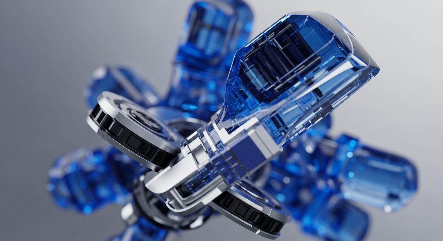 The image displays a sophisticated 3D rendered abstract structure, featuring translucent blue crystalline components interconnected by metallic silver circular nodes. The central focus is on a prominent blue module with intricate internal details, linked to several silver nodes and other blue structures receding into a soft, blurred background